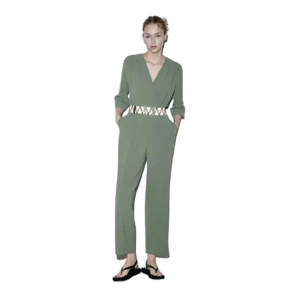 ZARA Dark Khaki Belted Wide Leg Jumpsuit XS NWT Wrap V Neck 3/4 Sleeve